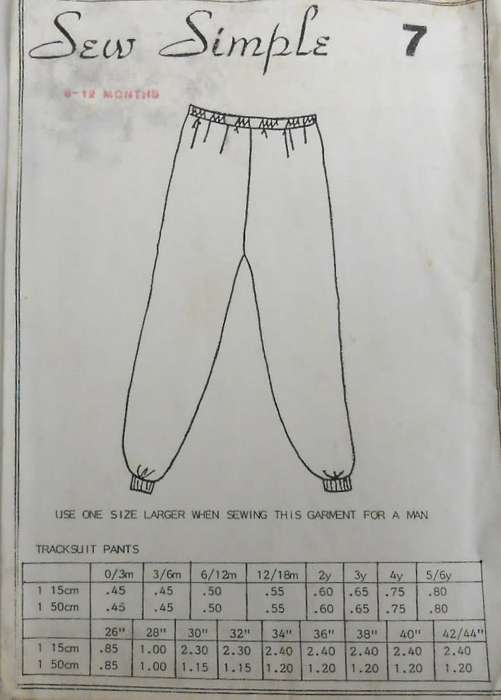 SEW SIMPLE 7 -TRACKSUIT PANTS SIZE 6-12 MONTHS-COMPLETE