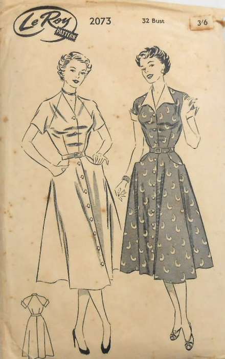 VINTAGE LE ROY PATTERNS 2073 LADIES FRONT BUTTON DRESS SIZE BUST 32 - COMPLETE