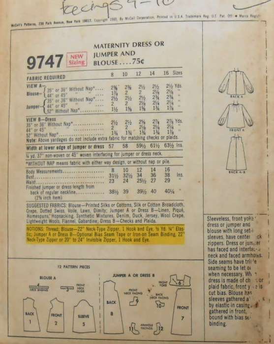 McCALLS 9747 MATERNITY DRESS-PINAFORE & BLOUSE SIZE 12 BUST 34 COMPLETE