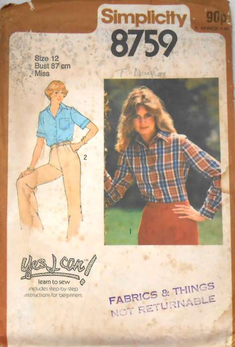 SIMPLICITY 8759 TOP STITCHED SHIRT SIZE 12 BUST 87 CM COMPLETE-ZIPLOC
