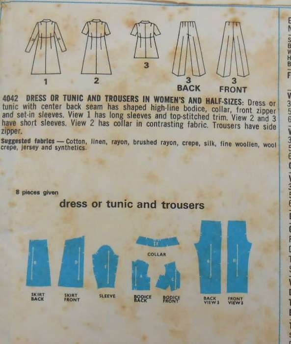 VINTAGE STYLE 4042 DRESS-TUNIC-PANTS SIZE 14 1/2 BUST 37 COMPLETE (ONLY 3 PIECES CUT)