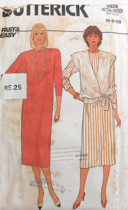 BUTTERICK 3059 VERY LOOSE FITTING PULLOVER DRESS & WAISTCOAT -SIZE 6-8-10 COMPLETE-UNCUT-F/FOLDED