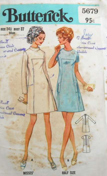 BUTTERICK 5679 ONE PIECE DRESS SIZE 14 1/2 BUST 37 COMPLETE-ENVELOPE