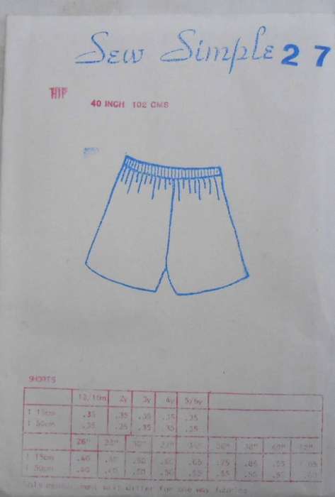 SEW SIMPLE 27 SHORTS SIZE 40 OR 102 CM  COMPLETE