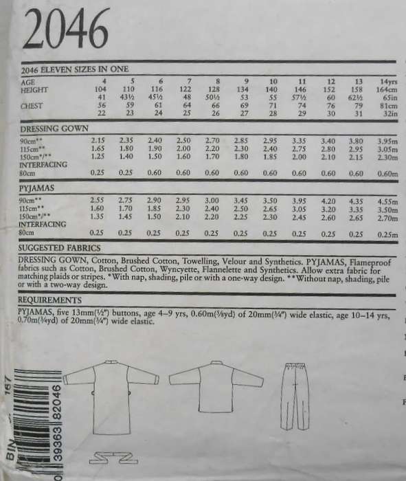 NEW LOOK PATTERNS 2046  PJS AND TIE ROBE SIZE 4-14 YEARS COMPLETE-UNCUT-F/FOLDED (REFOLDED)