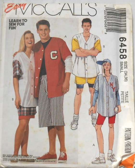 McCALLS 6458 UNISEX SHIRT-SHORTS & BIKE SHORTS SIZE 34-36 COMPLETE-UNCUT-F/FOLDED