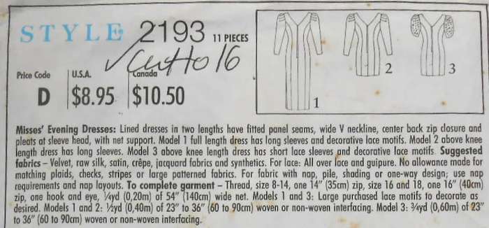 STYLE 2193 LINED EVENING DRESS SIZE 8-18-COMPLETE-CUT TO 16