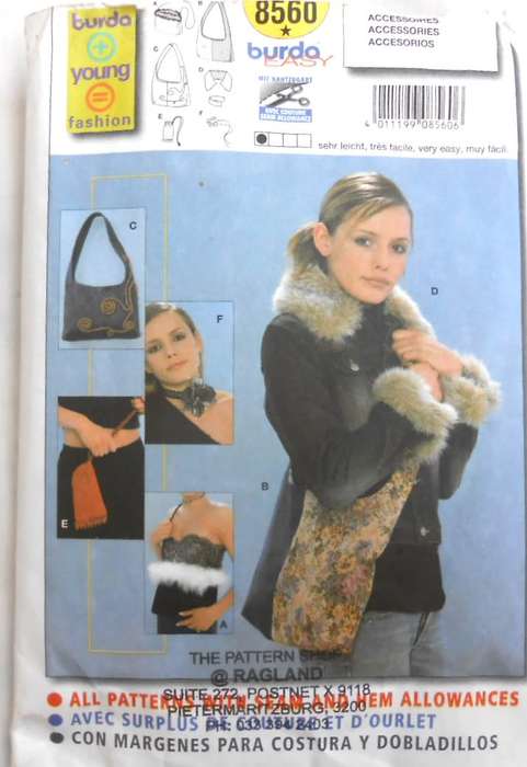 BURDA 8560 LADIES ACCESSORIES ONE SIZE - NO SHOULDER BAG SUPPLIED