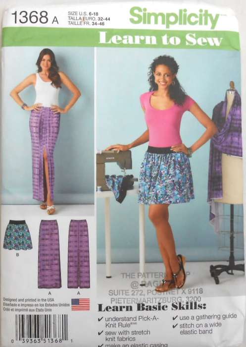 SIMPLICITY 1368 SHORT SKIRT+ELASTIC WAISTBAND-KNIT ONE PIECE MAXI SKIRT SIZE 6-18-COMPLETE-PART CUT