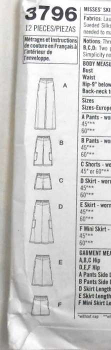SIMPLICITY 3796 SKIRT IN 3 LENGTHS-PANTS OR SHORTS IN 2 LENGTHS SIZE 8-16-COMPLETE-UNCUT-F/FOLDED