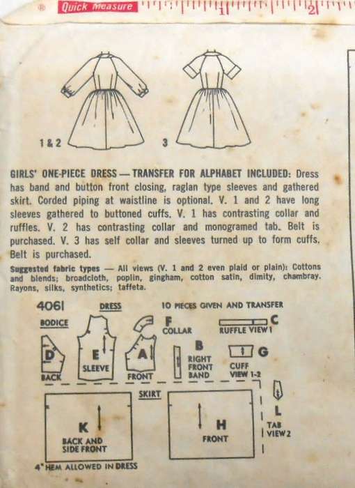 VINTAGE SIMPLICITY 4061 GIRLS ONE PIECE DRESS WITH TRANSFER SIZE 12 YEARS -COMPLETE