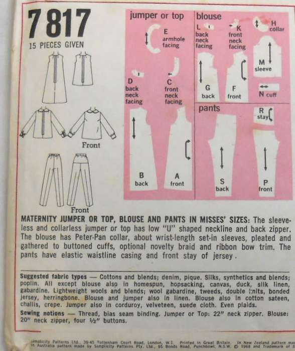 VINTAGE SIMPLICITY 7817 MATERNITY TOP-PINAFORE-BLOUSE-PANTS SIZE 10 BUST 32  1/2 COMPLETE