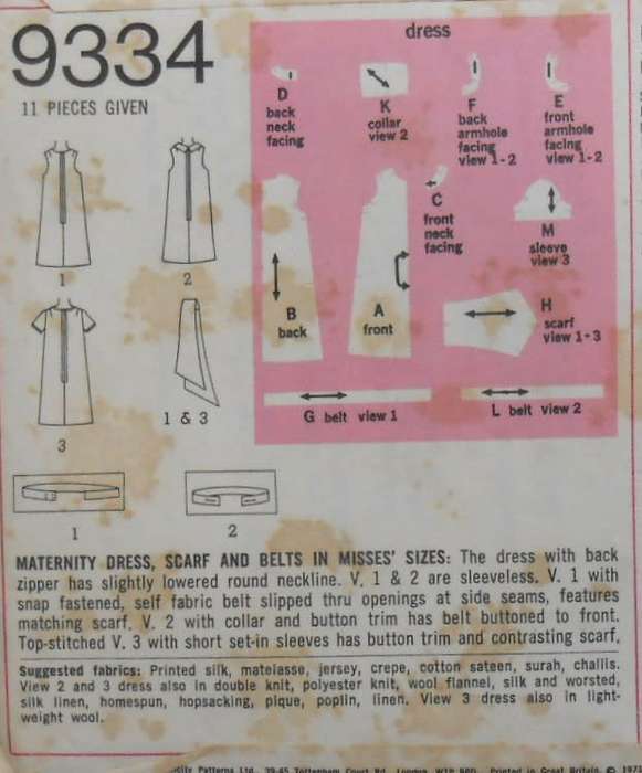 SIMPLICITY 9334-MATERNITY DRESS-SCARF-BELT SIZE 10 BUST 32 1/2 COMPLETE-UNCUT-F/FOLDED