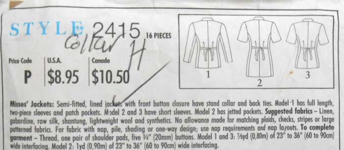 STYLE 2415 SEMI FITTED LINED JACKETS - SIZE 8-18-COLLAR PATTERN NOT SUPPLIED- CUT TO 18