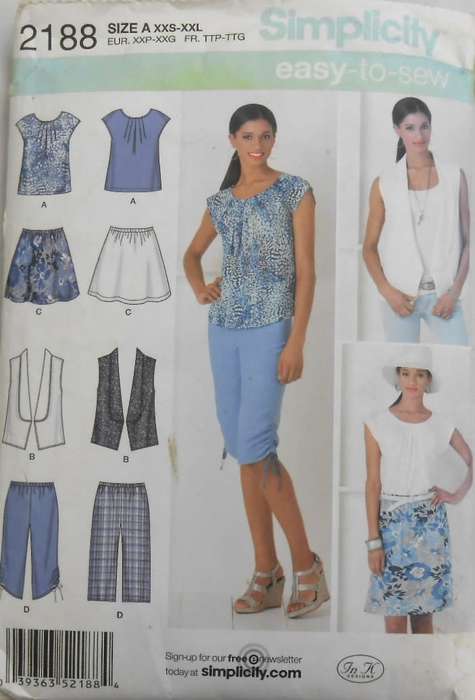 SIMPLICITY 2188 TOP-WAISTCOAT-SKIRT-CROPPED PANTS SIZE XXS-XXL (4 COMPLETE-MOSTLY UNCUT TO XXL 26