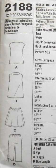 SIMPLICITY 2188 TOP-WAISTCOAT-SKIRT-CROPPED PANTS SIZE XXS-XXL (4 COMPLETE-MOSTLY UNCUT TO XXL 26
