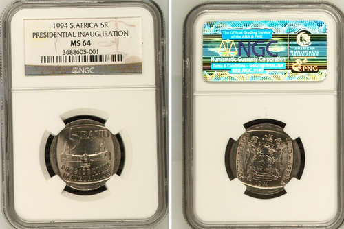UNION BUILDING IN FRONT -  NGC  GRADED - 2 x MS64 - 1994 MANDELA inauguration R5 COIN