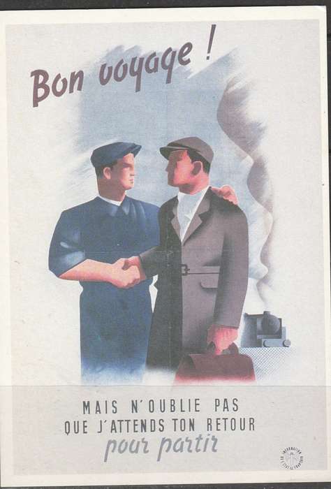A PICTURE POST CARD BON VOYAGE FRENCH WORKERS ARE ENCOURAFED TO TRAVEL TO GERMANY