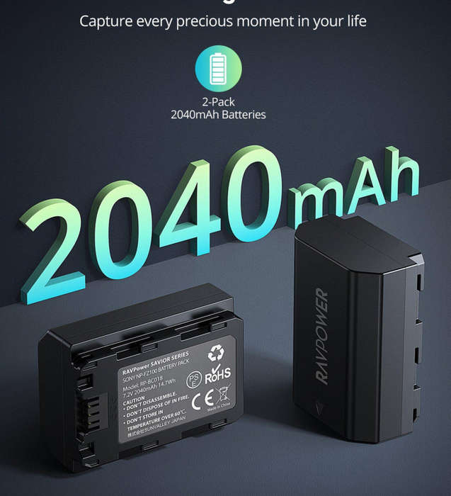 RAVPower NP-FZ100 2040mAh Camera Battery Charger Set for Sony