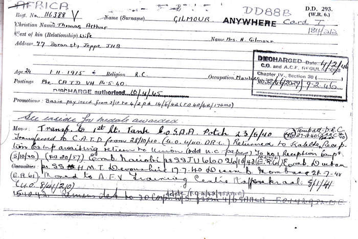 WW2 TRIO - 116388 A.T. GILMOUR WOUNDED IN ACTION  - COPIES SERVICE RECORDS