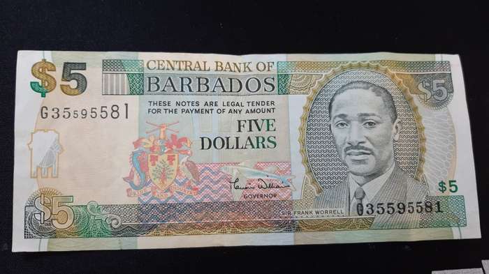 BARBADOS 5 DOLLARS SIR FRANK WORRELL FACE VALUE R36.88