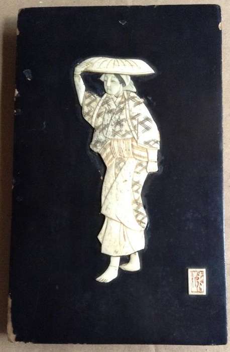 Japanese Meiji Period bone ivory applique Panel....signed......size 240 x 150 mm
