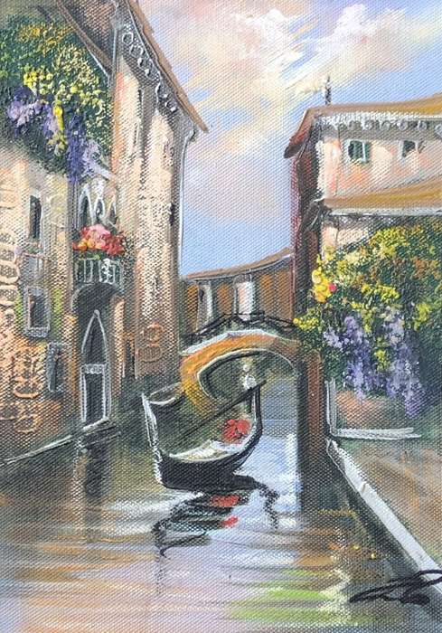 ORIGINAL - VENICE OIL PAINTING ON CANVAS SIGNED ATTACHED TO BOARD IN GOLD FRAME