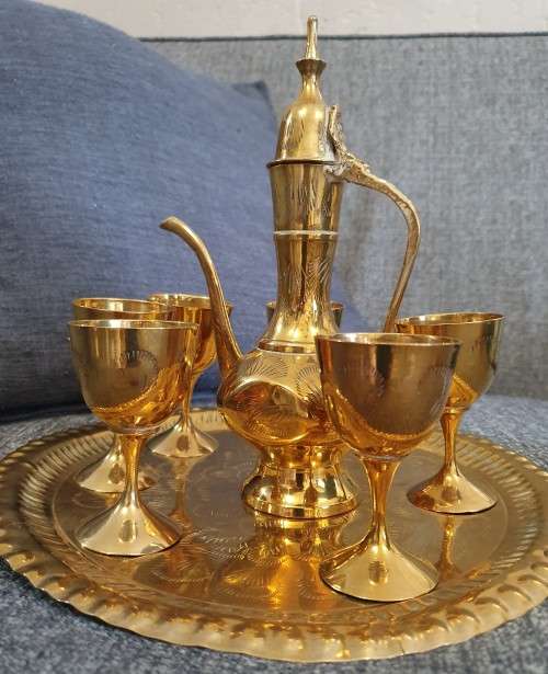 Brass tray, canister and goblets