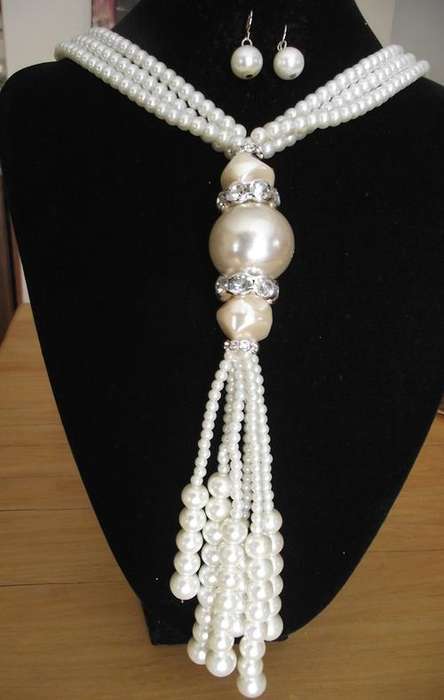 Long Chunky Pearl and Crystal Necklace & Earrings Set (Free Gift Box)