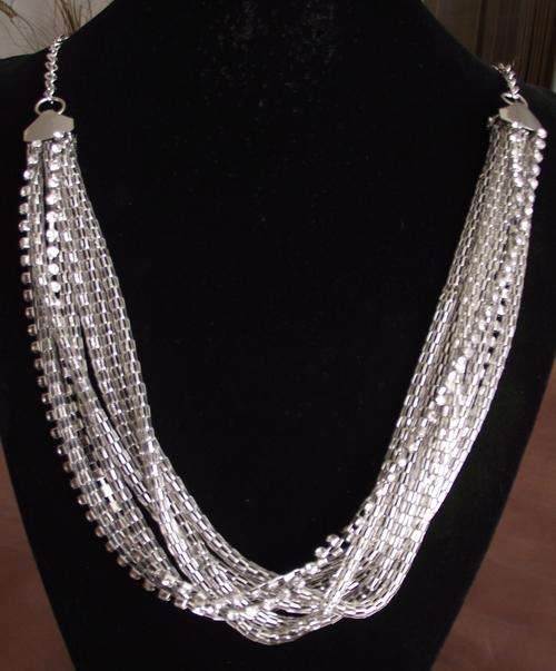 Long Silver 8 Strings Weave Chains and Rhinestones Necklace