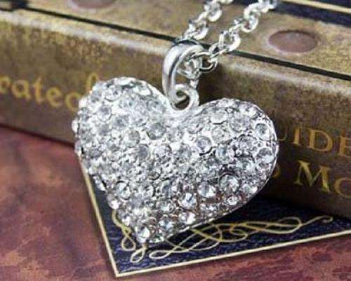 Clear Sparkly Crystal Diamante Vintage Silver Heart High Quality Necklace Pendant with Rolo Chain