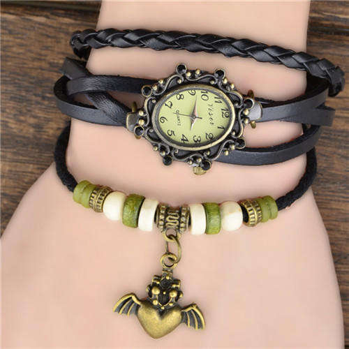 BLACK High Quality Genuine Leather Vintage Bracelet  Flying Heart Pendant Wristwatch