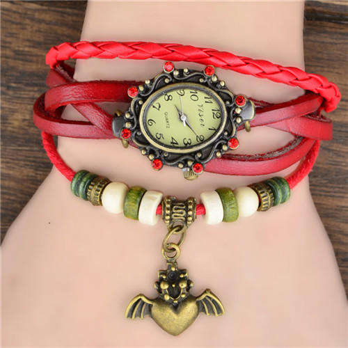 MAROON High Quality Genuine Leather Vintage Bracelet  Flying Heart Pendant Wristwatch