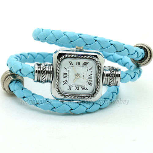 New Square Dial Weave WRAP Around Leather Bracelet Lady Woman Quartz Wrist Watch BLUE