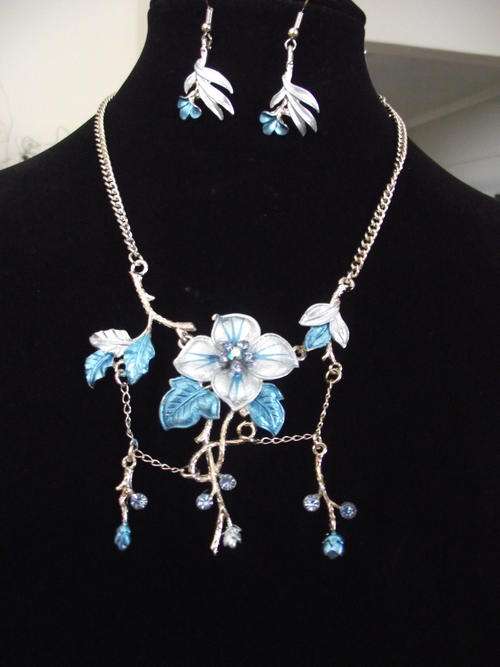 BLUE Floral Hand Painted Bridal Necklace and Earrings Set