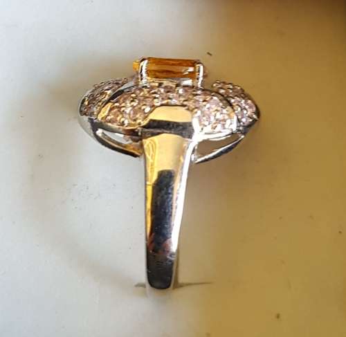 Oval Citrine & White topaz Solid 925 Sterling Silver Ring Sz 7.5