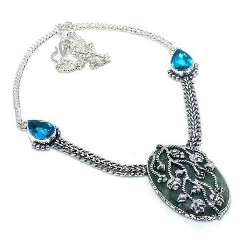 Moss Agate, Blue Topaz Gemstone 925 Sterling Silver Jewelry Necklace 18`