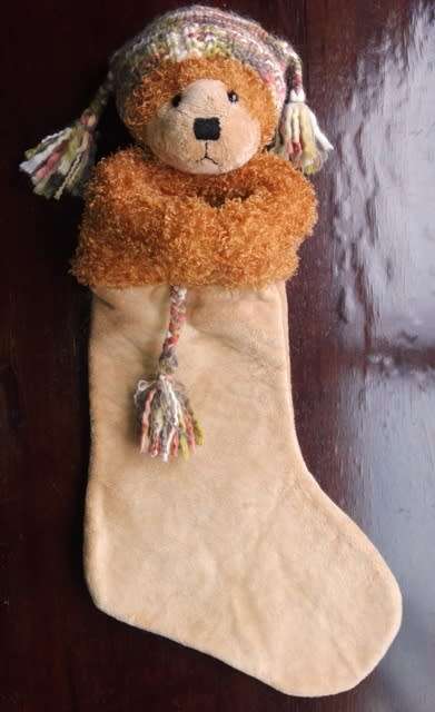 Russ Berrie Teddy Bear ~ Little Lost Bear in stocking! Designed by Rikey Austin.Rare!