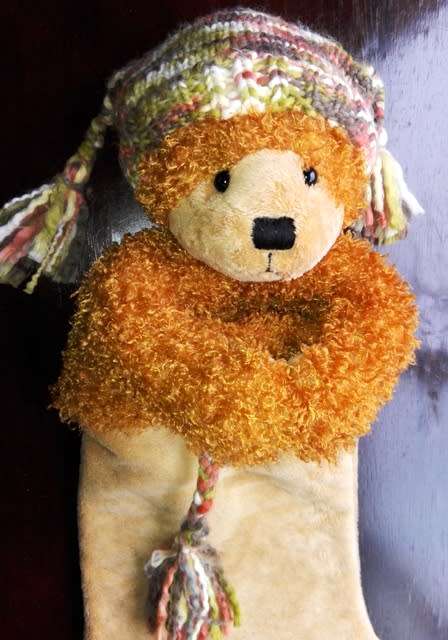 Russ Berrie Teddy Bear ~ Little Lost Bear in stocking! Designed by Rikey Austin.Rare!