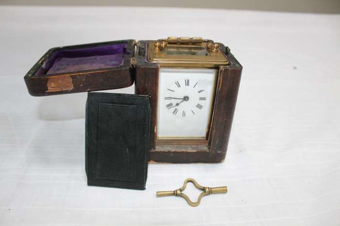 Brass Carriage Clock in travel box, with key and working