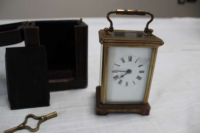 Brass Carriage Clock in travel box, with key and working