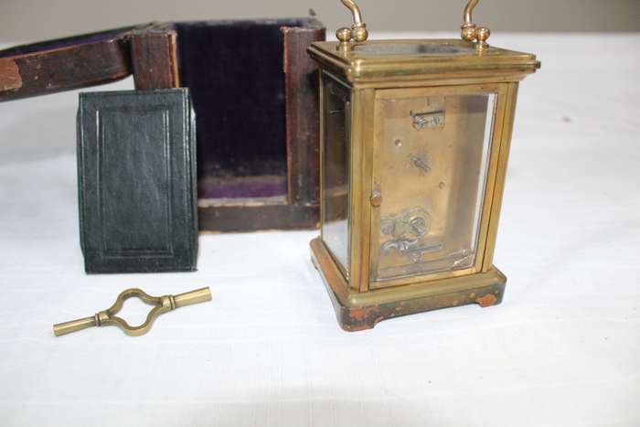 Brass Carriage Clock in travel box, with key and working