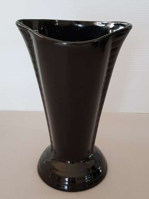 Mid-Century Modern South African Studio Ceramics - Glossy Black Art Deco Cone Shaped  Vase