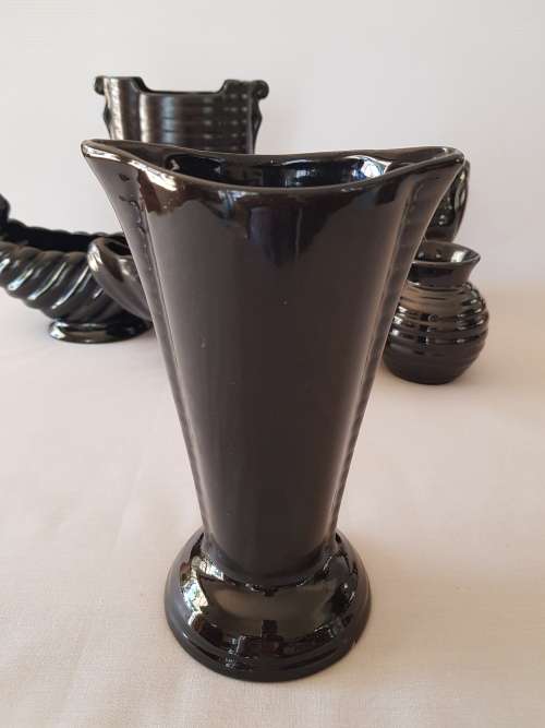 Mid-Century Modern South African Studio Ceramics - Glossy Black Art Deco Cone Shaped  Vase
