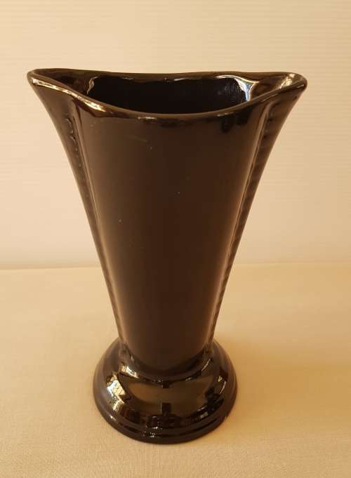 Mid-Century Modern South African Studio Ceramics - Glossy Black Art Deco Cone Shaped  Vase