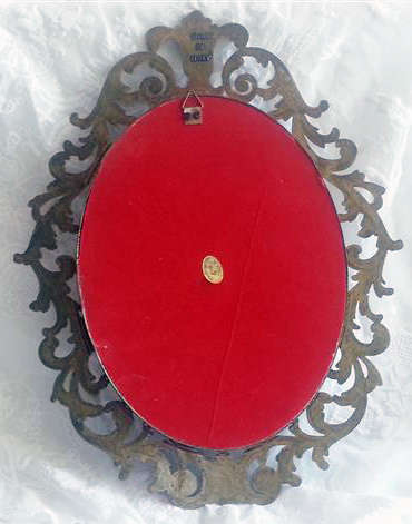 LARGE VINTAGE, SILK PRINT OF A VICTORIAN LADY BEHIND CONVEX GLASS, ORNATE CAST BRASS ITALY FRAME