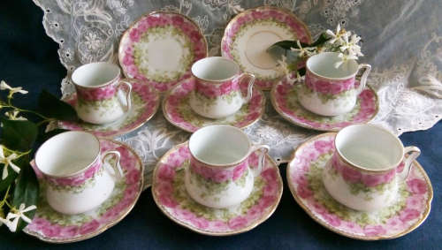 MINI EDWARDIAN SET OF 6 x HAND PAINTED WITH GILDING, PORCELAIN  DUO's  FROM A CHILDS PLAY, TEA SET,