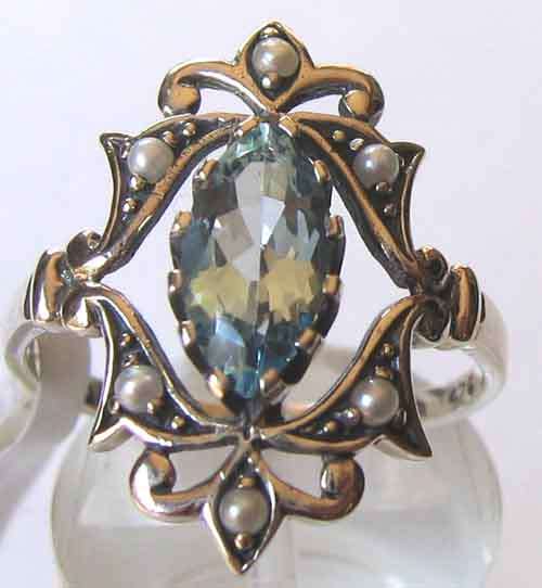 Beautiful Antiq style  -Sterling Silver , Seed pearls and Blue topaz  - Ring