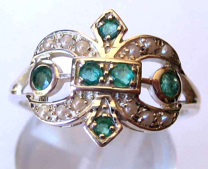 Gorgeous Solid Sterling Silver, Seed Pearls and Genuine Emeralds Ring