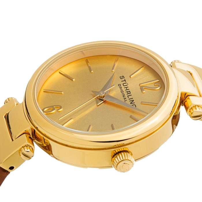 STUHRLING ORIGINAL® SYMPHONY GOLD-TONE WATCH W/ BROWN GENUINE LEATHER BAND